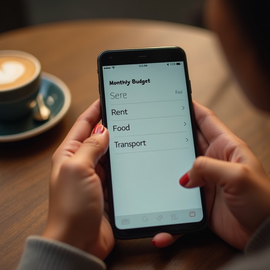 Person holding a smartphone showing a simple monthly budget spreadsheet with categories and amounts in Romanian lei