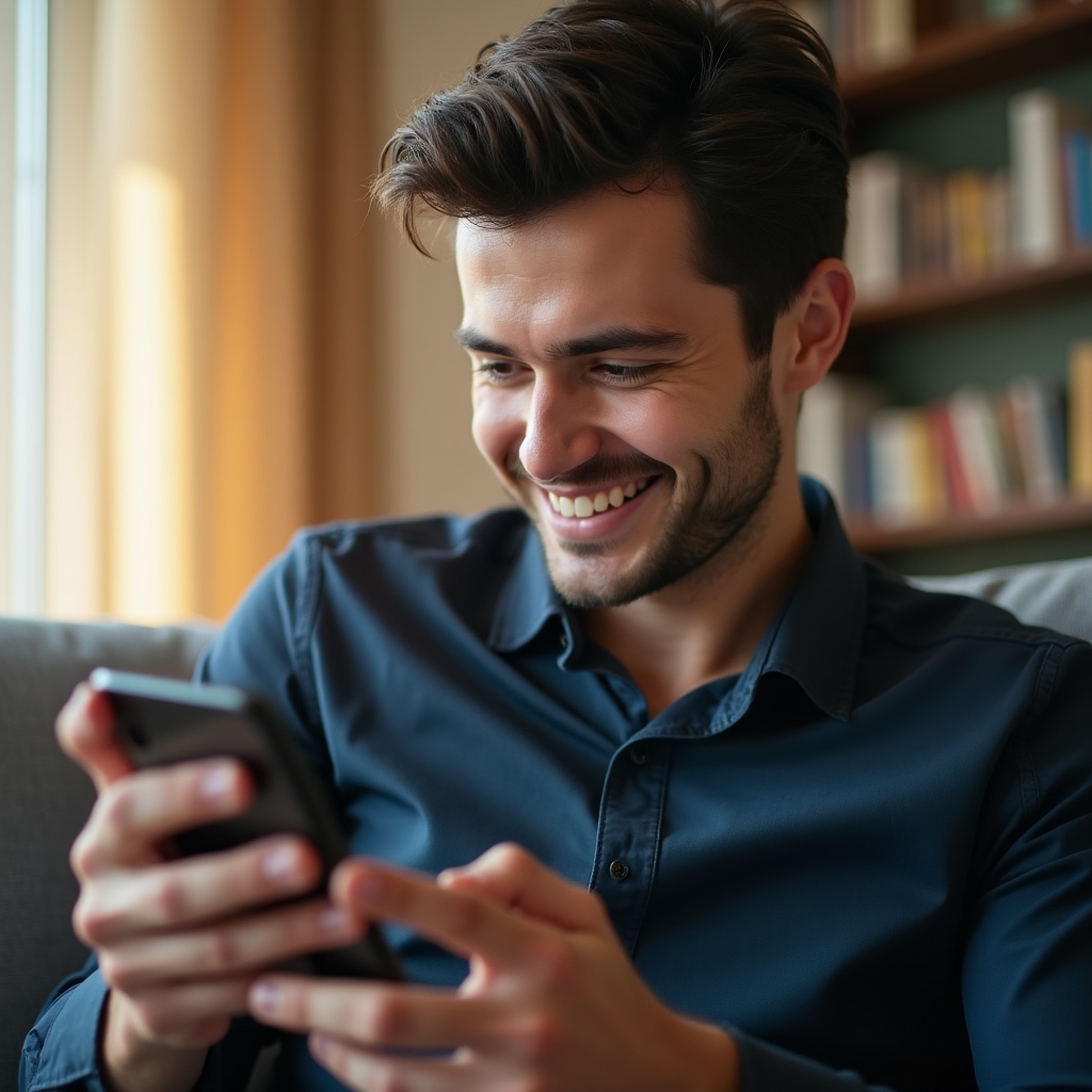 Young professional smiling while reviewing their budget on a smartphone, feeling confident and in control