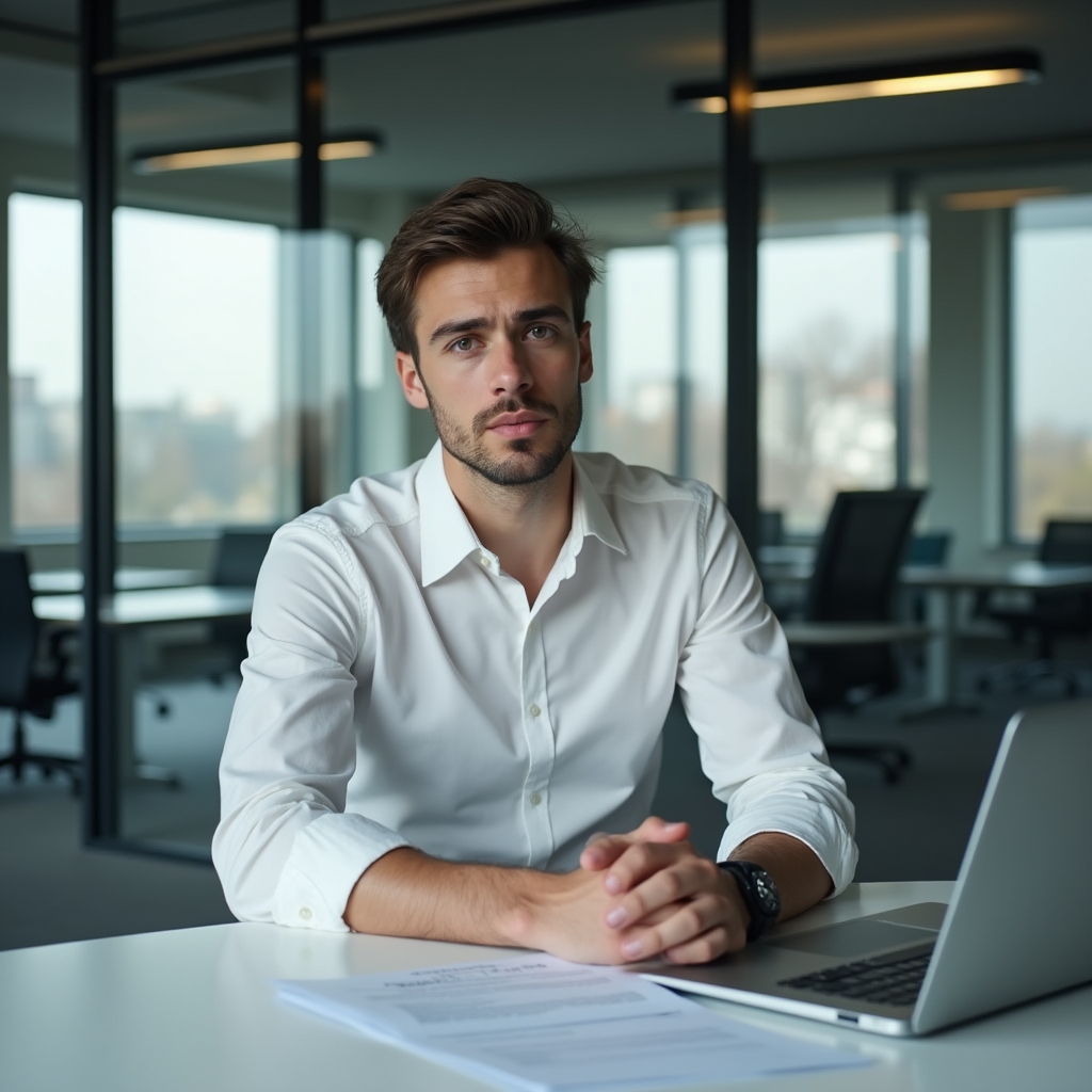 Young Romanian professional in their mid-twenties sitting at a desk on their first day at work, looking thoughtful and focused