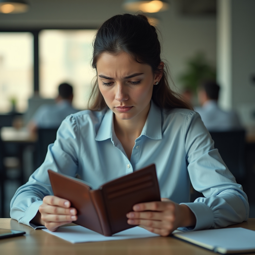 Young professional looking stressed at an empty wallet, confused about where their salary went