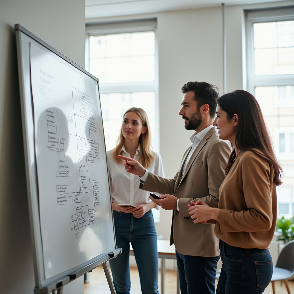 Small team of professionals in their thirties gathered around a whiteboard discussing financial education content, collaborative and focused atmosphere