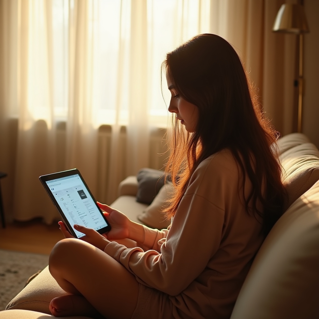 Young professional in their mid-twenties sitting comfortably on a sofa, studying a financial literacy course on a tablet, natural afternoon light